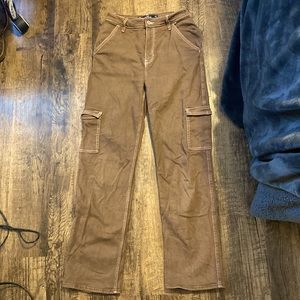 Holister Ultra High Rise Dad Jeans. Brown with white stitching. Size 0R.